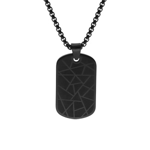 Collier acier et PVD noir avec pendentif rectangulaire pans arrondi 35X20mm motif traits, rglable 55cm  60cm - Vue 1