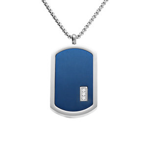 Collier acier pendentif rectangulaire PVD bleu 30 x 17mm pans arrondi avec 3 oxydes blancs rglable 50  55cm - Vue 1