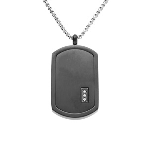 Collier acier pendentif rectangulaire PVD noir 30 x 17mm pans arrondi avec 3 oxydes blancs rglable 50  55cm - Vue 1