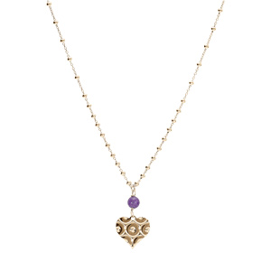 Collier argent dor chane boule pendentif coeur mpartel avec 1 boule jade violette vritable rglable 40  45cm - Vue 1