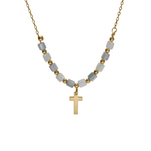 Collier argent dor croix avec perles nacre vritable blanche et teinte bleu rglable 40  45cm - Vue 1