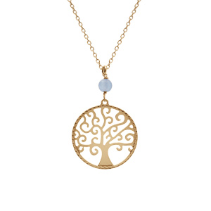 Collier argent dor jaune arbre de vie 20mm et boule jade bleu ciel vritable rglable 40  44cm - Vue 1