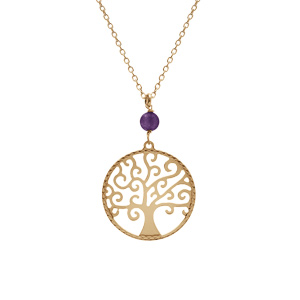 Collier argent dor jaune arbre de vie 20mm et boule jade violette vritable rglable 40  44cm - Vue 1