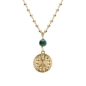 Collier argent dor jaune chane boules pendentif cercle diamant avec 1 boule malachite vritable rglable 40  45cm - Vue 1