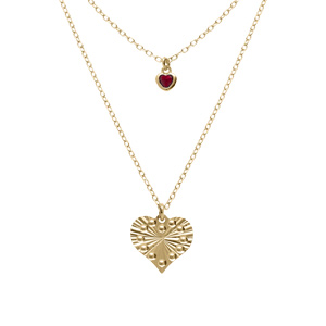 Collier argent dor jaune double chane pendentif coeur diamant et 1 oxyde rose rglable 40  45cm - Vue 1