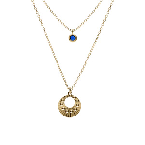 Collier argent dor jaune double chane pendentif diamant et 1 oxyde bleu rglable 40  45cm - Vue 1