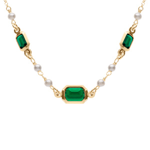 Collier argent dor 3 oxydes verts rectangulaires et perles blanches rglable 42  45cm - Vue 1