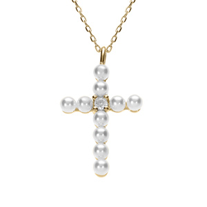 Collier argent dor pendentif croix avec 1 oxyde blanc et perle blanche rglable 42  45cm - Vue 1