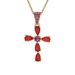 Collier argent dor pendentif croix oxydes rouges rglable 38  43cm - Vue 1