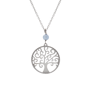 Collier argent rhodi arbre de vie 20mm et boule jade bleu ciel vritable rglable 40  44cm - Vue 1