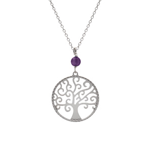 Collier argent rhodi arbre de vie 20mm et boule jade violette vritable rglable 40  44cm - Vue 1