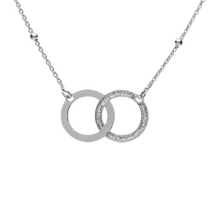 Collier argent rhodi 2 cercles entrelacs lisse et givr rglable 42  45cm - Vue 1