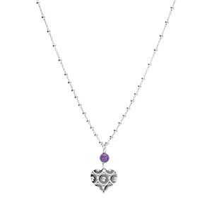 Collier argent rhodi chane boule pendentif coeur mpartel avec 1 boule jade violette vritable rglable 40  45cm - Vue 1