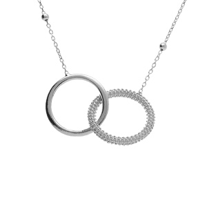 Collier argent rhodi chane boules 2 anneaux entrelacs 1 lisse et 1 perl rglable 42  45cm - Vue 1