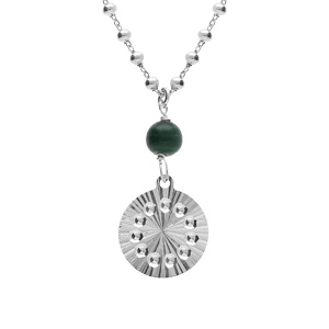 Collier argent rhodi chane boules pendentif cercle diamant avec 1 boule malachite vritable rglable 40  45cm - Vue 1