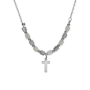 Collier argent rhodi croix avec perles nacre vritable blanche et teinte bleu rglable 40  45cm - Vue 1