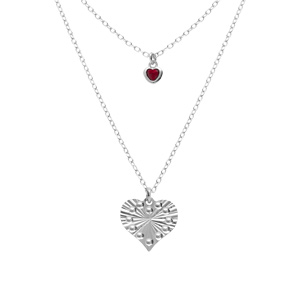 Collier argent rhodi double chane pendentif coeur diamant et 1 oxyde rose rglable 40  45cm - Vue 1