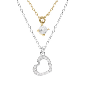 Collier argent rhodi et dor jaune coeur contour oxydes blancs rglable 40  44cm - Vue 1