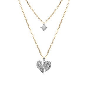 Collier argent rhodi et dor jaune coeur diamant avec 1 oxyde blanc rglable 40  44cm - Vue 1