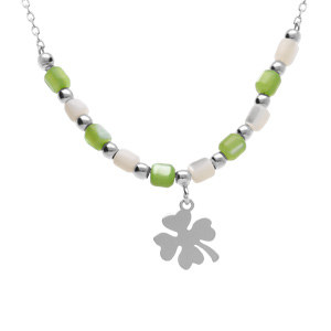 Collier argent rhodi pampille trfle et perles nacre vritable blanche et teinte verte rglable 40  45cm - Vue 1