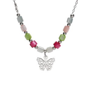 Collier argent rhodi papillon et perles nacre vritable teinte rglable 40  45cm - Vue 1