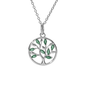 Collier argent rhodi pendentif cercle arbre de vie oxydes vert 40+4cm - Vue 1