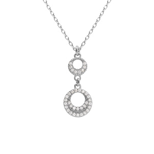 Collier argent rhodi pendentif 2 cercles vid oxydes blancs rglable 40  44cm - Vue 1