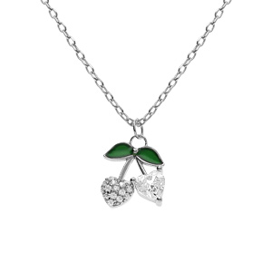 Collier argent rhodi pendentif cerise oxydes forme coeur blancs et verts rglable 39  43cm - Vue 1