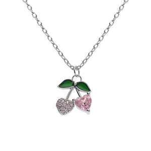 Collier argent rhodi pendentif cerise oxydes forme coeur roses et verts rglable 39  43cm - Vue 1