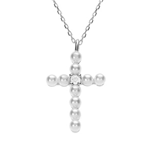 Collier argent rhodi pendentif croix avec 1 oxyde blanc et perle blanche rglable 42  45cm - Vue 1