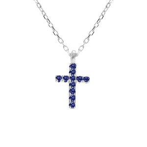 Collier argent rhodi pendentif croix oxydes bleu rglable 42  45cm - Vue 1