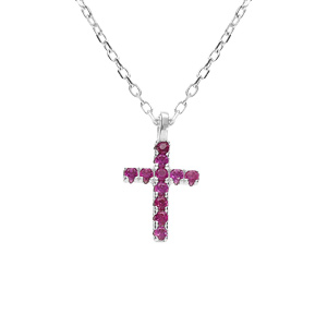 Collier argent rhodi pendentif croix oxydes fushia rglable 42  45cm - Vue 1