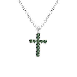 Collier argent rhodi pendentif croix oxydes vert rglable 42  45cm - Vue 1