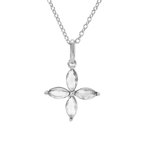 Collier argent rhodi pendentif fleur oxyde blanc rglable 40  44cm - Vue 1