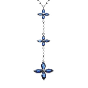 Collier argent rhodi pendentif 3 fleurs verre bleu fonc rglable 40  44cm - Vue 1