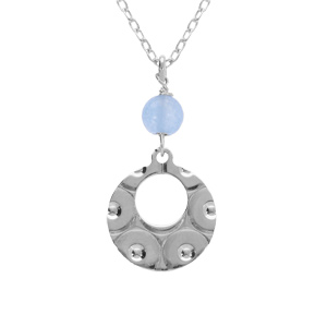 Collier argent rhodi pendentif rond martel avec 1 boule jade bleu ciel rglable 40  45cm - Vue 1