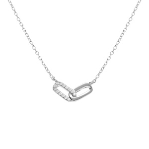 Collier argent rhodi 2 rectangles entrelacs 1 lisse 1 avec oxydes blancs sertis rglable 39  43cm - Vue 1