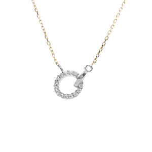 Collier chane dor jaune et 2 cercles entreelacs argent rhodi avec oxyde blanc rglable 40  44cm - Vue 1