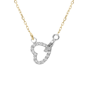 Collier chane dor jaune et coeur et cercle entreelac argent rhodi avec oxyde blanc rglable 40  44cm - Vue 1