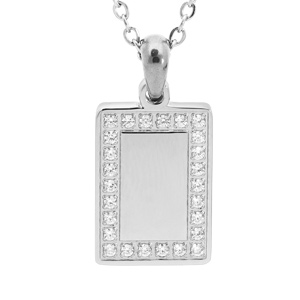 Collier en acier chane avec pendentif rectangulaire et contour oxydes blancs possibilit gravure 38+5cm - Vue 1