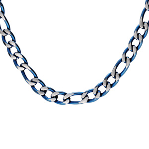 Collier en acier maille 1+3 en 5mm effet bross, aspect patin et chanfrin bleu 55cm - Vue 1