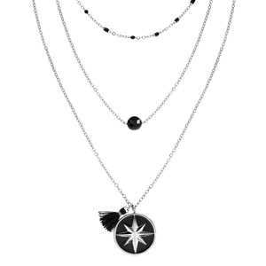 Collier en acier triple chanes boules noires et pendentif rond noire toile et pompon 38+5cm - Vue 1