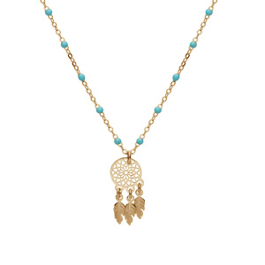 Collier en argent et dorure jaune chane avec boules couleur turquoise avec pendentif attrape rve 40+5cm - Vue 1