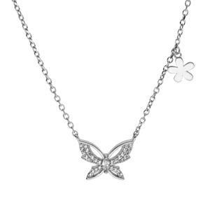 Collier en argent rhodi avec papillon pav d\'oxydes blancs longueur 42+3cm - Vue 1