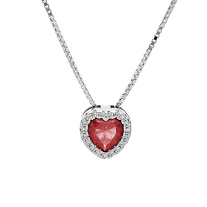 Collier en argent rhodi avec pendentif coeur oxyde fushia et contour oxydes blancs sertis 42+3cm - Vue 1