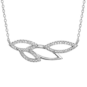 Collier en argent rhodi chane avec au milieu feuilles vides lisses et ornes d\'oxydes blancs sertis - longueur 40cm + 4cm de rallonge - Vue 1