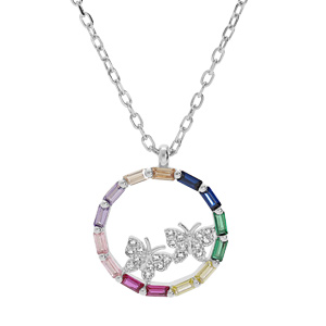 Collier en argent rhodi chane avec cercle de pierres multicouleurs et papillons oxydes blancs sertis 41+2,5cm - Vue 1