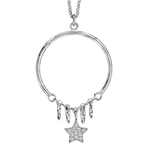 Collier en argent rhodi chane avec pendentif anneau avec plusieurs anneaux diamants et toile pave d\'oxydes blancs sertis suspendus - longueur 42cm + 5cm de rallonge - Vue 1