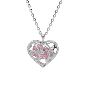 Collier en argent rhodi chane avec pendentif coeur ajour et oxyde rose 39+4cm - Vue 1