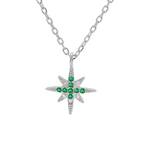 Collier en argent rhodi chane avec pendentif toile orne d\'oxydes verts et blancs sertis 40+4cm - Vue 1